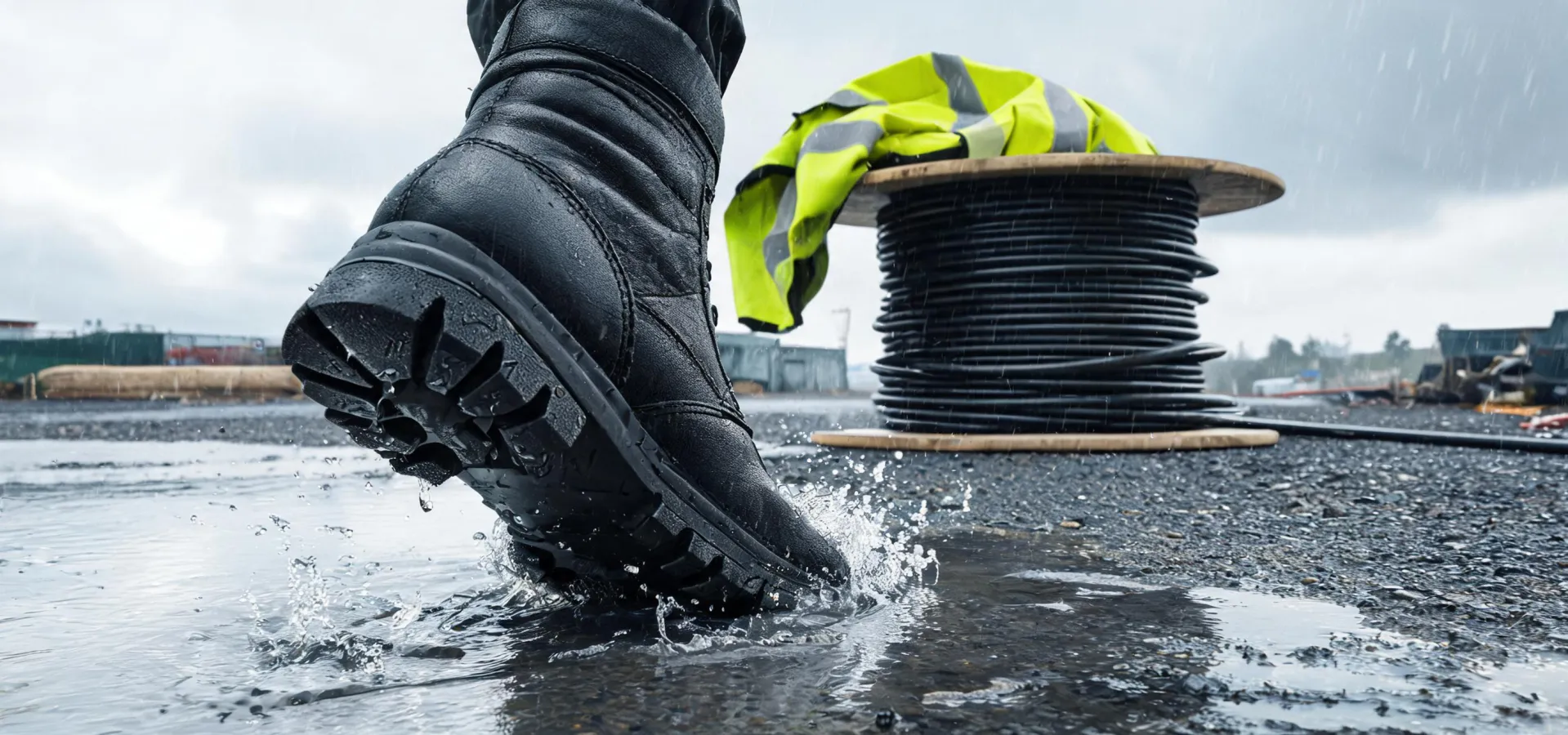Waterproof Wolverine boots on utility jobsite