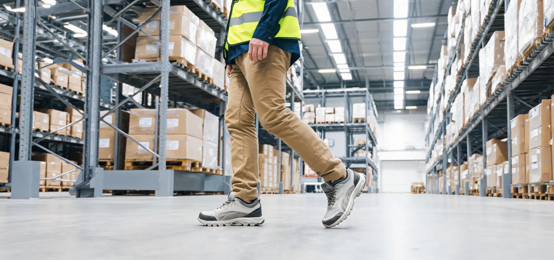 Composite toe boots in warehouse aisle