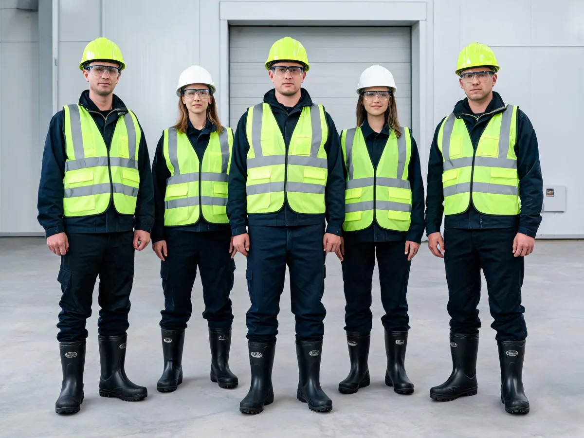 Industrial crew wearing safety footwear by workplace